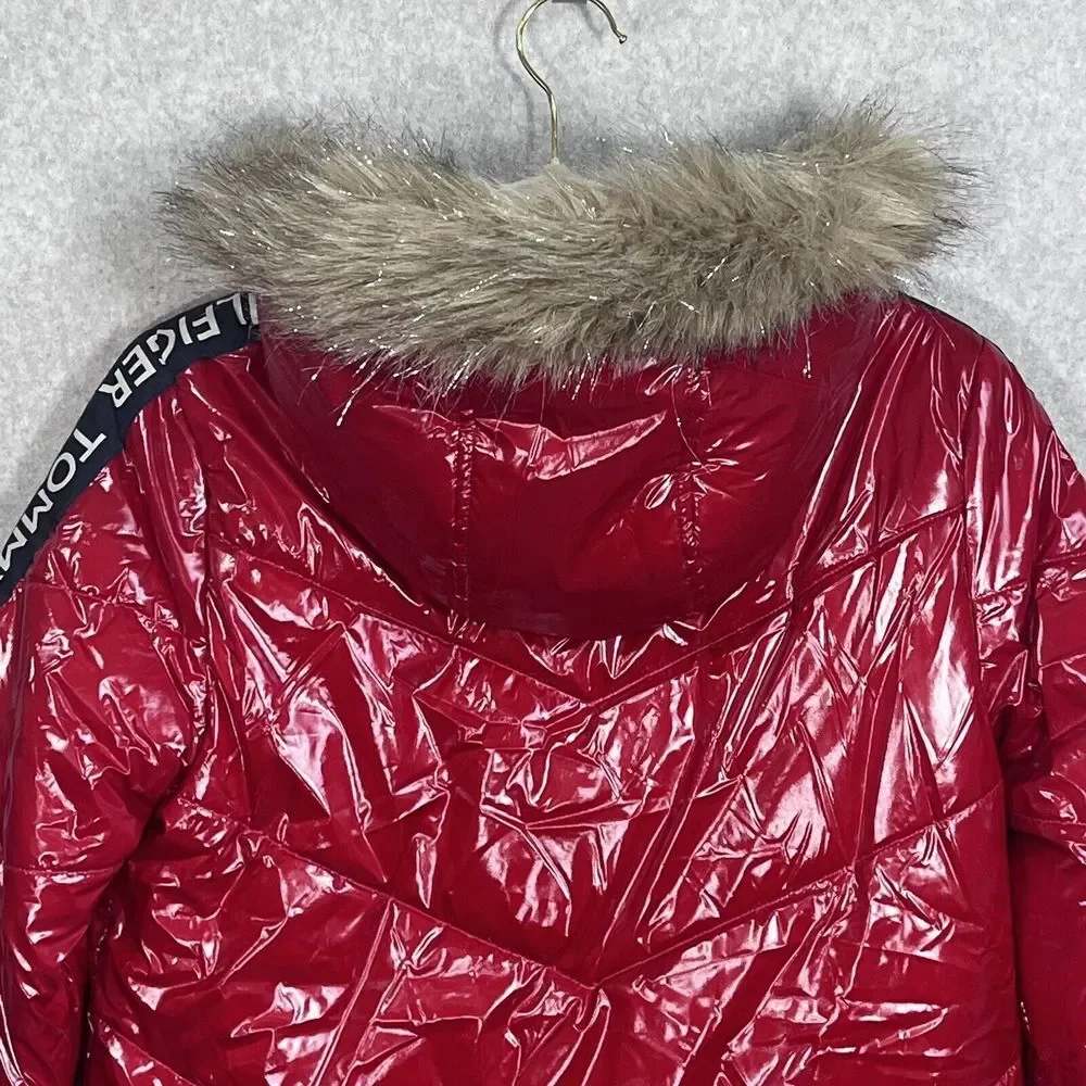 Tommy Hilfiger Girls Puffer Jacket 12/14‎ Lg Red High Shine Chevron Scarlet Logo